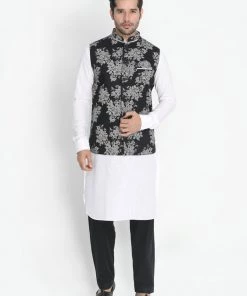 Vastramay Men's White Cotton Blend Kurta, Nehru Jacket And Pyjama Set Jacket Kurta Sets