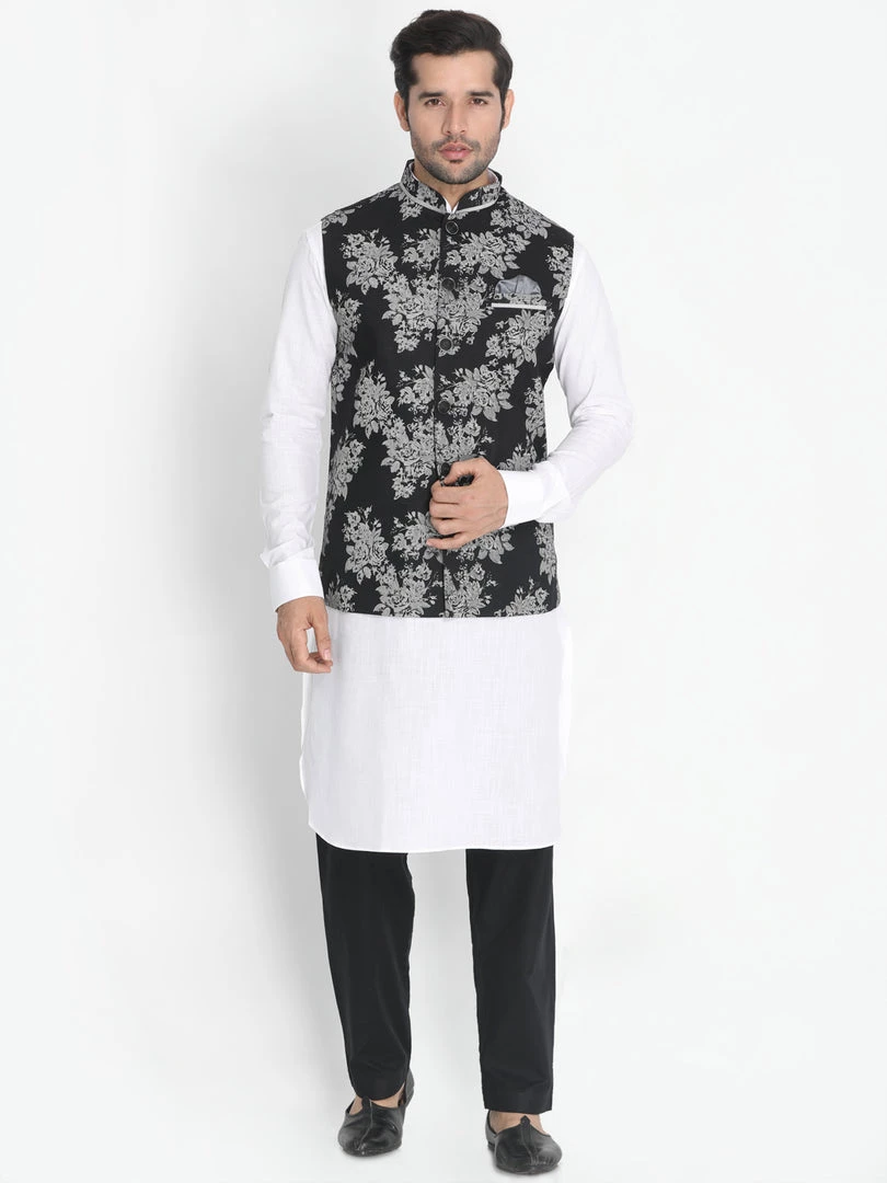 Vastramay Men's White Cotton Blend Kurta, Nehru Jacket And Pyjama Set Jacket Kurta Sets 3 Vastramay Men's White Cotton Blend Kurta, Nehru Jacket And Pyjama Set Jacket Kurta Sets