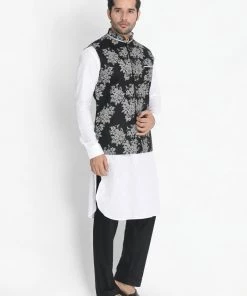 Vastramay Men's White Cotton Blend Kurta, Nehru Jacket And Pyjama Set Jacket Kurta Sets 14 Vastramay Men's White Cotton Blend Kurta, Nehru Jacket And Pyjama Set Jacket Kurta Sets
