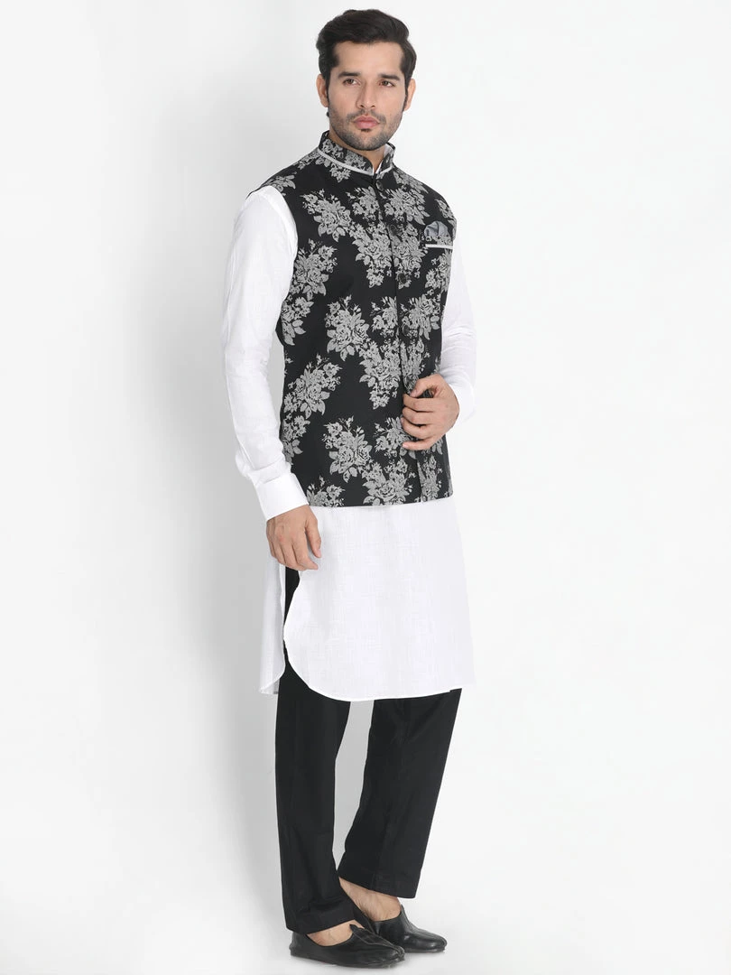 Vastramay Men's White Cotton Blend Kurta, Nehru Jacket And Pyjama Set Jacket Kurta Sets 8 Vastramay Men's White Cotton Blend Kurta, Nehru Jacket And Pyjama Set Jacket Kurta Sets