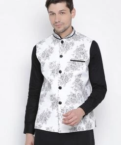 Vastramay Men's White Cotton Blend Ethnic Jacket