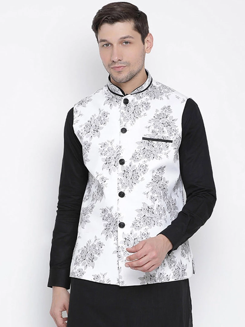 Vastramay Men's White Cotton Blend Ethnic Jacket 3 Vastramay Men's White Cotton Blend Ethnic Jacket