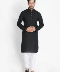 VASTRAMAY Men's Black Cotton Blend Kurta, Nehru Jacket And Pyjama Set Jacket Kurta Sets
