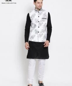 VASTRAMAY Men's Black Cotton Blend Kurta, Ethnic Jacket And Pyjama Set Jacket Kurta Sets