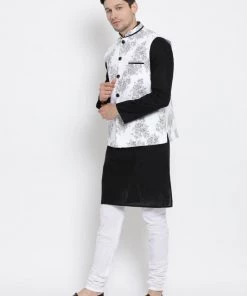 VASTRAMAY Men's Black Cotton Blend Kurta, Ethnic Jacket And Pyjama Set Jacket Kurta Sets