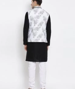 VASTRAMAY Men's Black Cotton Blend Kurta, Ethnic Jacket And Pyjama Set Jacket Kurta Sets