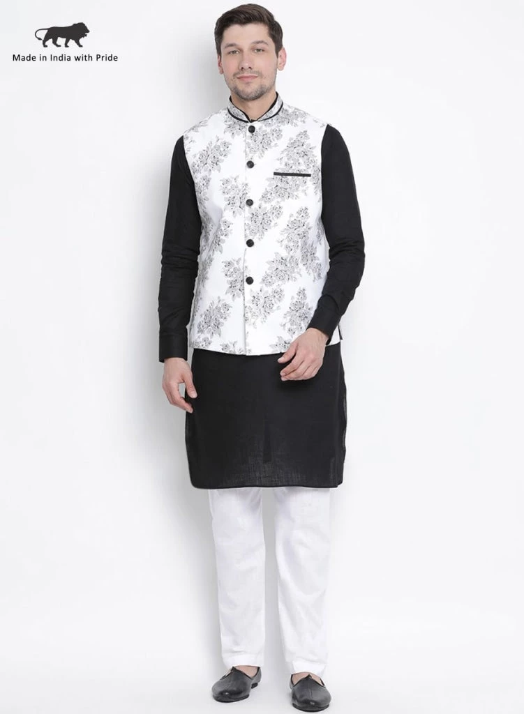 Jacket Kurta Sets VASTRAMAY Men's Black Cotton Blend Kurta, Ethnic Jacket And Pyjama Set 3 Jacket Kurta Sets VASTRAMAY Men's Black Cotton Blend Kurta, Ethnic Jacket And Pyjama Set