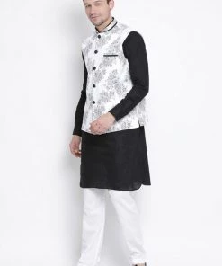 Jacket Kurta Sets VASTRAMAY Men's Black Cotton Blend Kurta, Ethnic Jacket And Pyjama Set