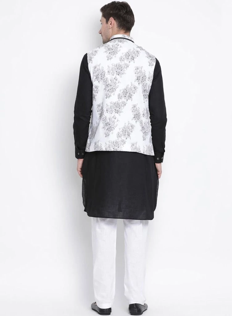 Jacket Kurta Sets VASTRAMAY Men's Black Cotton Blend Kurta, Ethnic Jacket And Pyjama Set 6 Jacket Kurta Sets VASTRAMAY Men's Black Cotton Blend Kurta, Ethnic Jacket And Pyjama Set