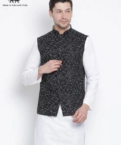 Vastramay Men's Black Cotton Blend Ethnic Jacket
