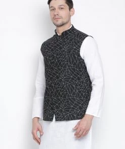 Vastramay Men's Black Cotton Blend Ethnic Jacket