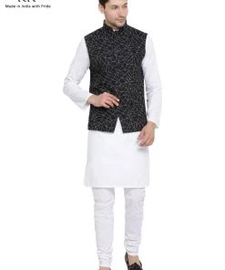 Vastramay Men's White Cotton Blend Kurta, Ethnic Jacket And Pyjama Set