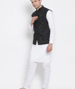 Vastramay Men's White Cotton Blend Kurta, Ethnic Jacket And Pyjama Set