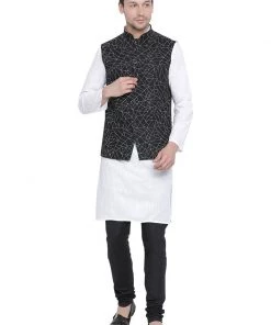 Vastramay Men's White Cotton Blend Kurta, Ethnic Jacket And Pyjama Set