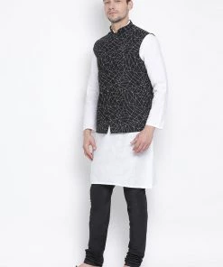 Vastramay Men's White Cotton Blend Kurta, Ethnic Jacket And Pyjama Set
