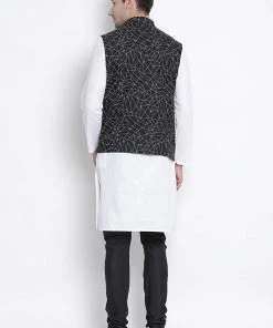 Vastramay Men's White Cotton Blend Kurta, Ethnic Jacket And Pyjama Set