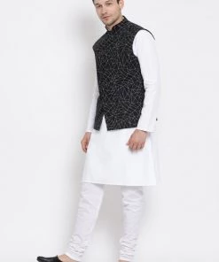 Vastramay Men's White Cotton Blend Kurta, Nehru Jacket And Pyjama Set
