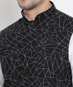 Vastramay Men's White Cotton Blend Kurta, Nehru Jacket And Pyjama Set