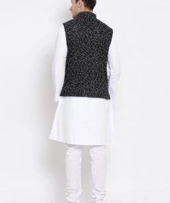 Vastramay Men's White Cotton Blend Kurta, Nehru Jacket And Pyjama Set