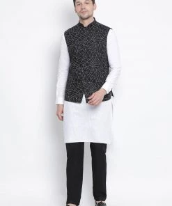 Vastramay Men's White Cotton Blend Kurta, Ethnic Jacket And Pyjama Set