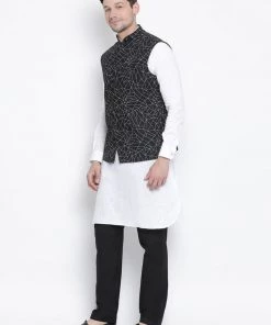 Vastramay Men's White Cotton Blend Kurta, Ethnic Jacket And Pyjama Set