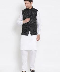 Vastramay Men's White Cotton Blend Kurta, Ethnic Jacket And Pyjama Set