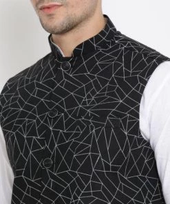 Vastramay Men's White Cotton Blend Kurta, Ethnic Jacket And Pyjama Set