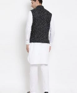Vastramay Men's White Cotton Blend Kurta, Ethnic Jacket And Pyjama Set