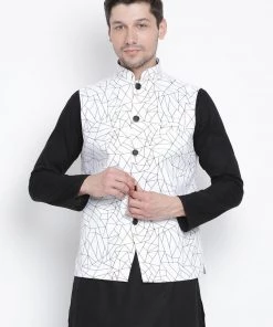 VASTRAMAY Men's White Cotton Blend Ethnic Jacket