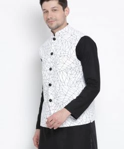 VASTRAMAY Men's White Cotton Blend Ethnic Jacket
