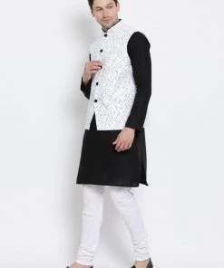 Vastramay Men's Black Cotton Blend Kurta, Ethnic Jacket And Pyjama Set