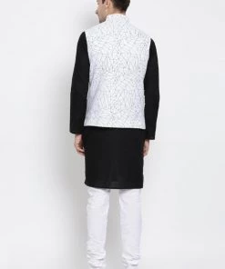 Vastramay Men's Black Cotton Blend Kurta, Ethnic Jacket And Pyjama Set