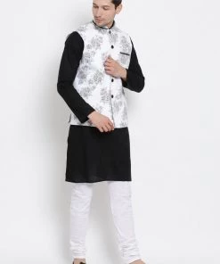 Vastramay Men's Black Cotton Blend Kurta, Ethnic Jacket And Pyjama Set