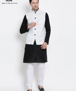 Vastramay Men's Black Cotton Blend Kurta, Ethnic Jacket And Pyjama Set Kurta Sets
