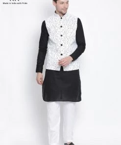 Vastramay Men's Black Cotton Blend Kurta, Ethnic Jacket And Pyjama Set