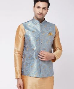VASTRAMAY Men's Grey Silk Blend Nehru Jacket