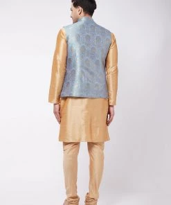 Jacket Kurta Sets VASTRAMAY Men Rose Gold-Toned & Grey Kurta With Churidar & Nehru Jacket