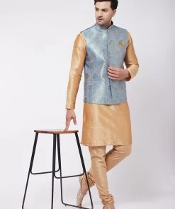 Jacket Kurta Sets VASTRAMAY Men Rose Gold-Toned & Grey Kurta With Churidar & Nehru Jacket