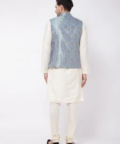 VASTRAMAY Men's Viscose Cream Kurta And Pyjama With Grey Woven Nehru Jacket