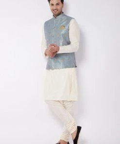 VASTRAMAY Men's Viscose Cream Kurta And Pyjama With Grey Woven Nehru Jacket