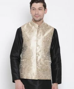 Vastramay Men's Gold Silk Blend Nehru Jacket
