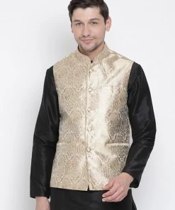 Vastramay Men's Gold Silk Blend Nehru Jacket
