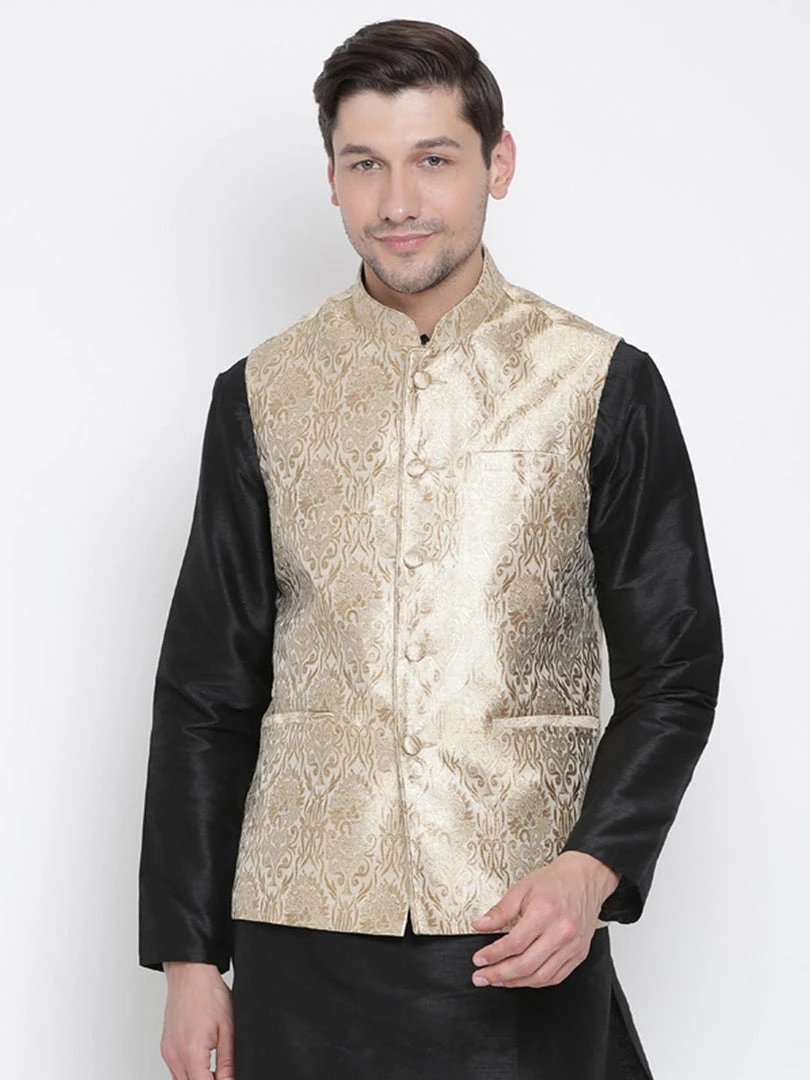 Vastramay Men's Gold Silk Blend Nehru Jacket 4 Vastramay Men's Gold Silk Blend Nehru Jacket