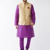 VASTRAMAY Men's Rose Gold Silk Blend Ethnic Jacket, Purple Kurta & Pyjama Set