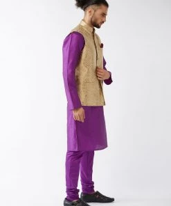 VASTRAMAY Men's Rose Gold Silk Blend Ethnic Jacket, Purple Kurta & Pyjama Set