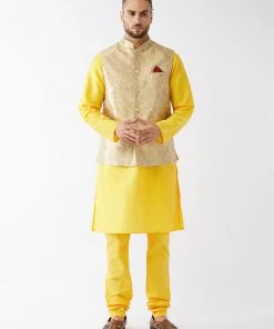 Jacket Kurta Sets VASTRAMAY Men's Rose Gold Silk Blend Ethnic Jacket, Yellow Kurta And Pyjama Set