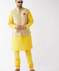Jacket Kurta Sets VASTRAMAY Men's Rose Gold Silk Blend Ethnic Jacket, Yellow Kurta And Pyjama Set