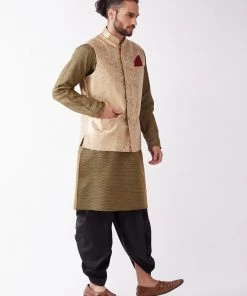 VASTRAMAY Men's Rose Gold Silk Blend Ethnic Jacket, Black Kurta And Dhoti Set