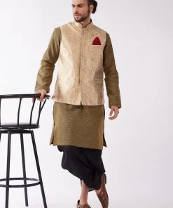VASTRAMAY Men's Rose Gold Silk Blend Ethnic Jacket, Black Kurta And Dhoti Set 14 VASTRAMAY Men's Rose Gold Silk Blend Ethnic Jacket, Black Kurta And Dhoti Set