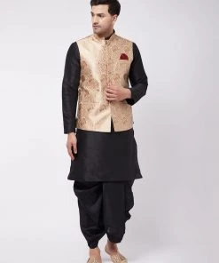 VASTRAMAY Men's Black Solid Silk Blend Kurta And Dhoti With Rose Gold Nehru Jacket